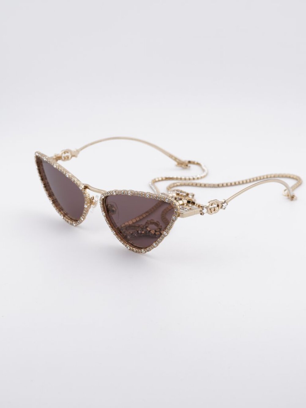 Gucci GG1569S 001 Sunglasses Gold with White Stone Cat Eye Frame, Brown Lenses